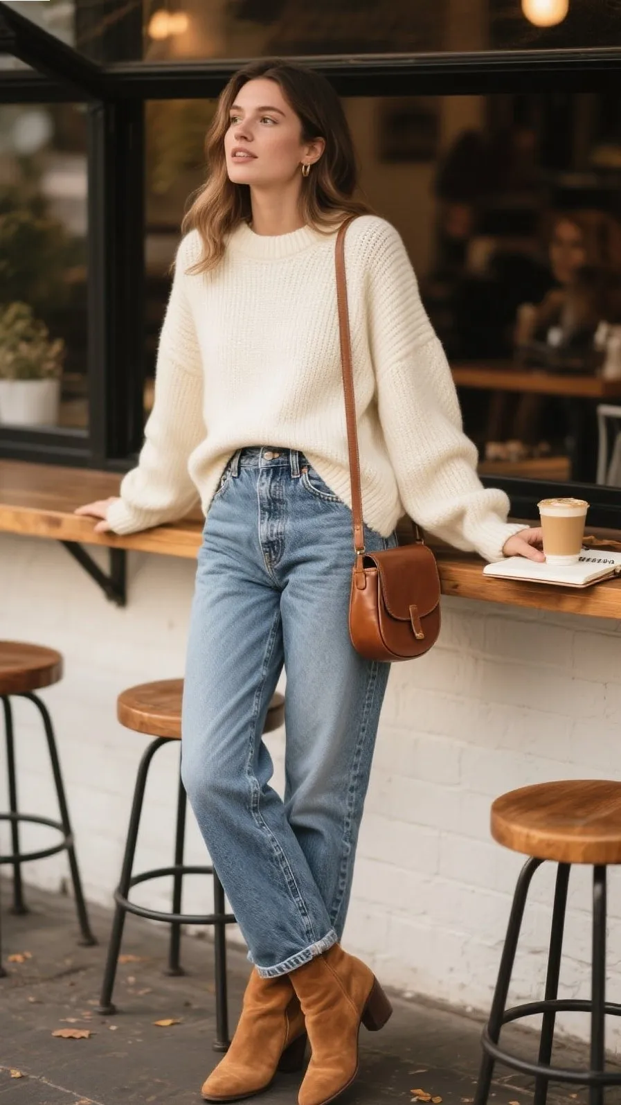 1. Cream Sweater + High-Waisted Mom Jeans