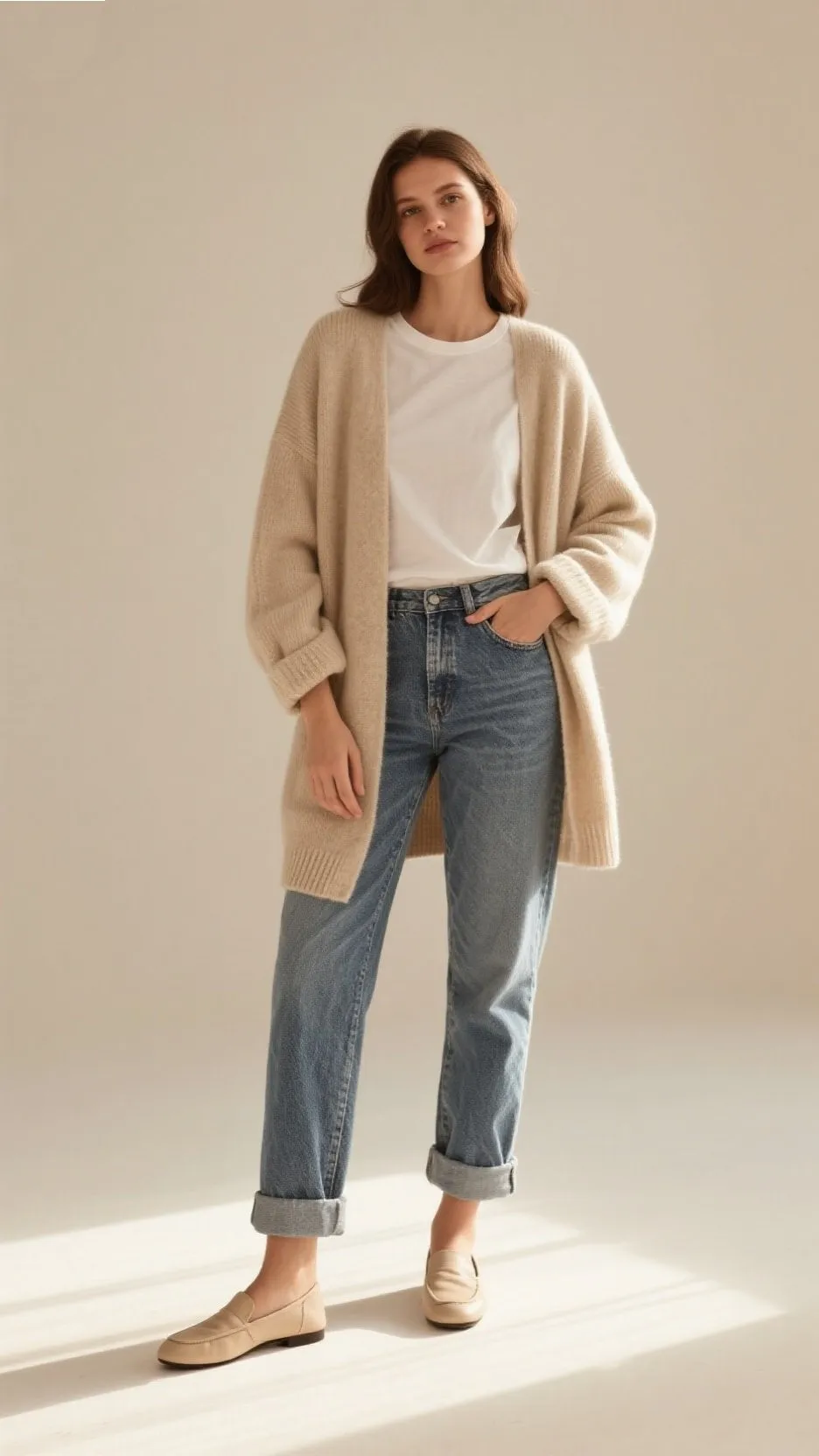 4. Oversized Cardigan + Straight-Leg Jeans