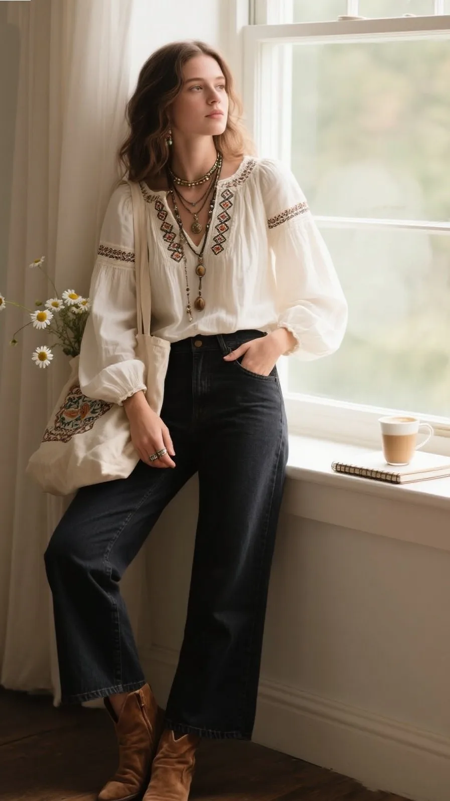 8. Boho Blouse + Wide-Leg Jeans