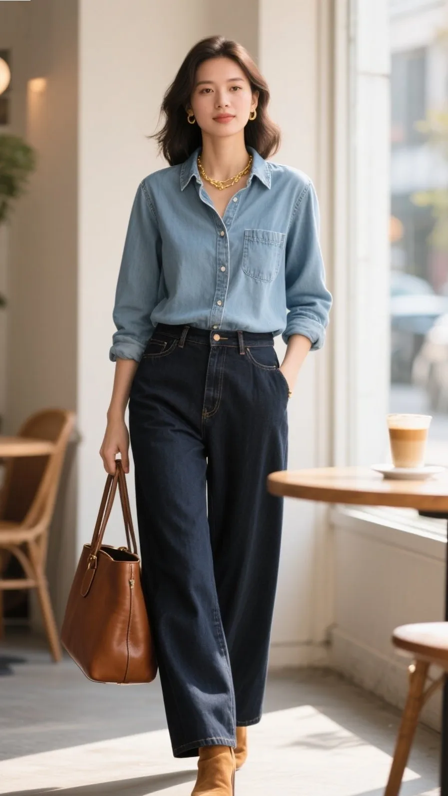1. Light Denim Shirt + Dark-Wash Wide-Leg Jeans