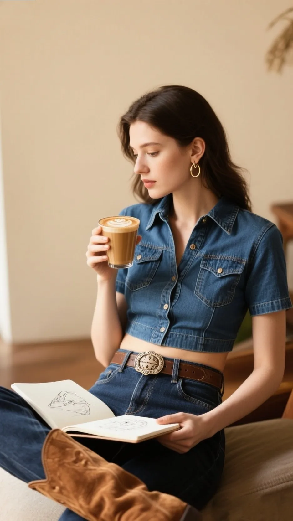 4. Cropped Denim Shirt + High-Waisted Straight Jeans
