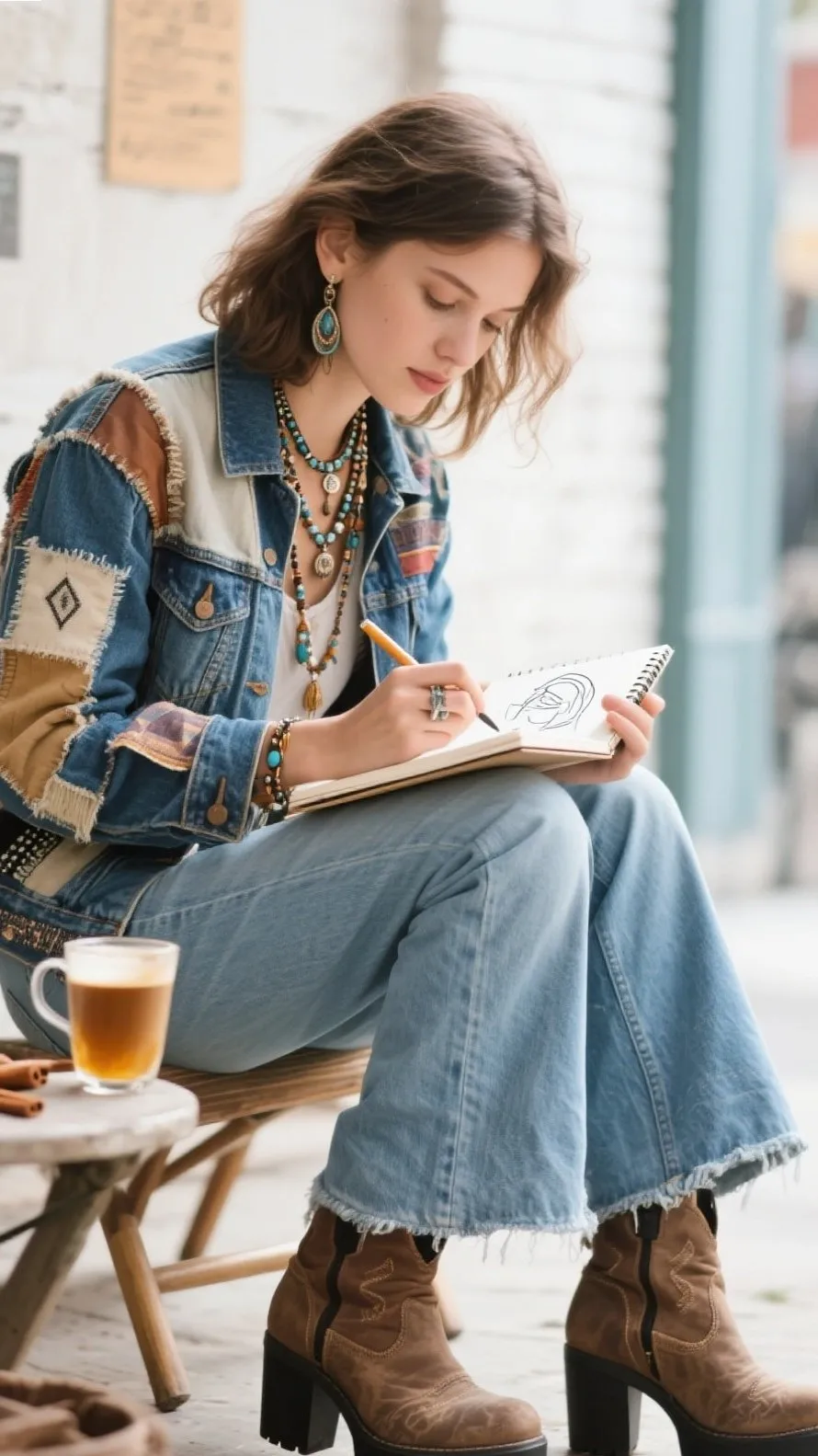 7. Patchwork Denim Jacket + Vintage Flare Jeans