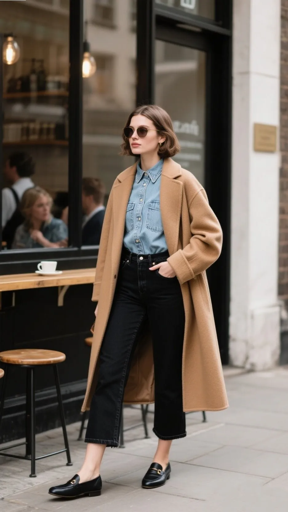 8. Light Denim Blouse + Cropped Black Jeans + Longline Coat