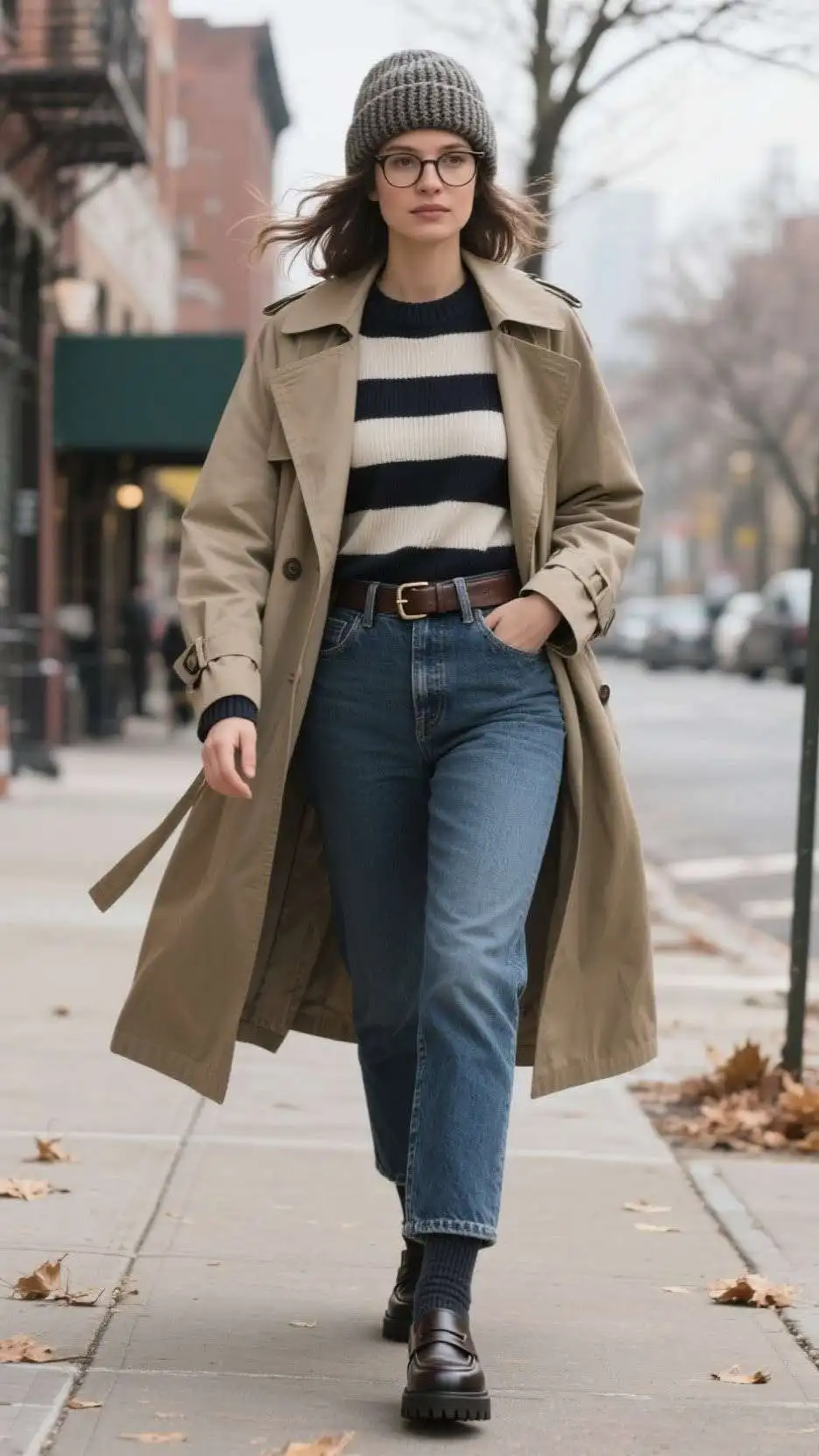 Cable-Knit Beanie + Thin-Rim Glasses + Oversized Trench Coat + Breton Stripe Sweater + High-Rise Straight-Leg Jeans + Leather Belt + Wool Crew Socks + Lug-Sole Loafers