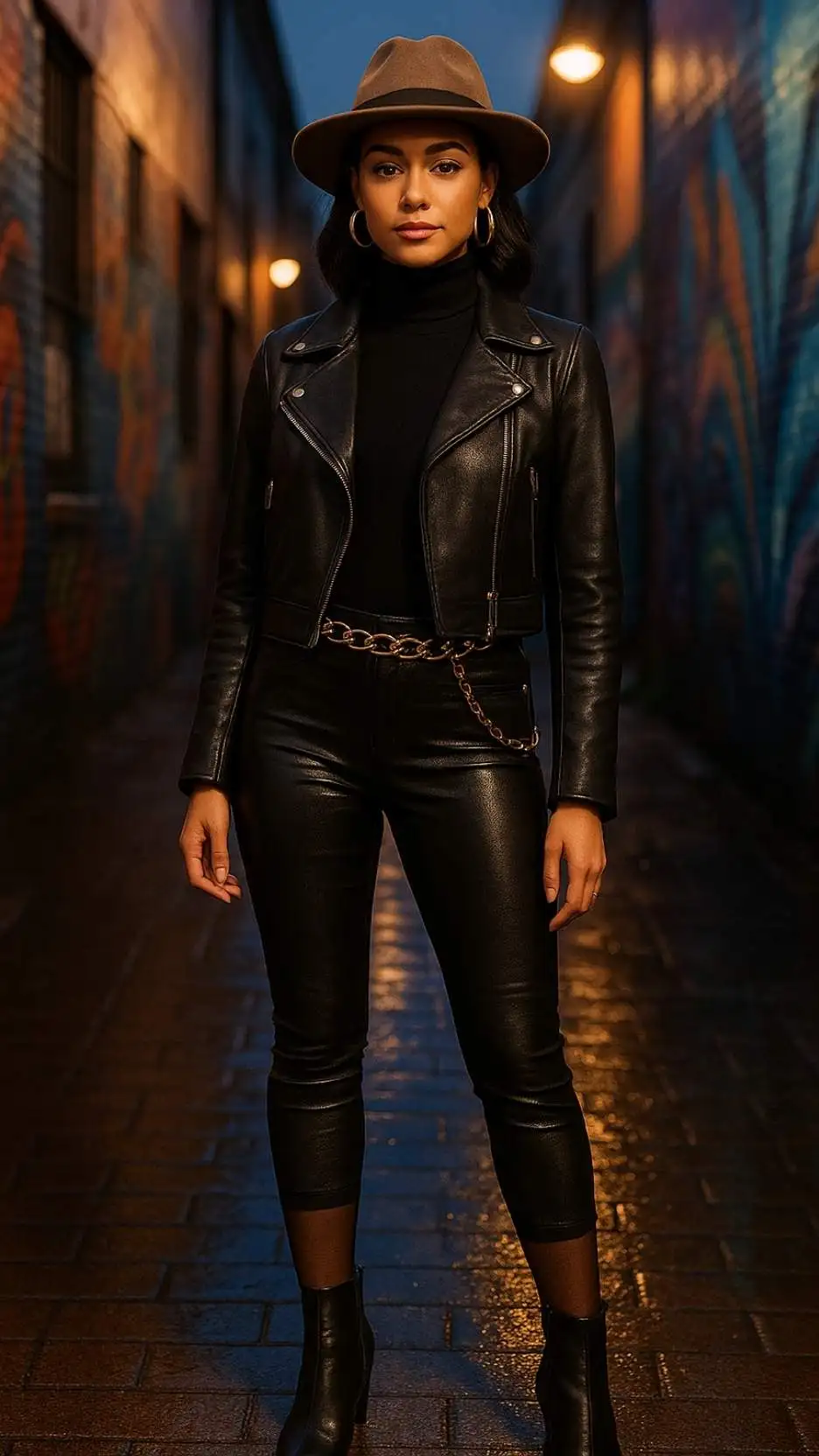 Felt Fedora + Gold Hoop Earrings + Cropped Moto Jacket + Turtleneck Bodysuit + Black Coated Skinny Jeans + Chain Belt + Sheer Knee-Highs + Pointed-Toe Ankle Boots