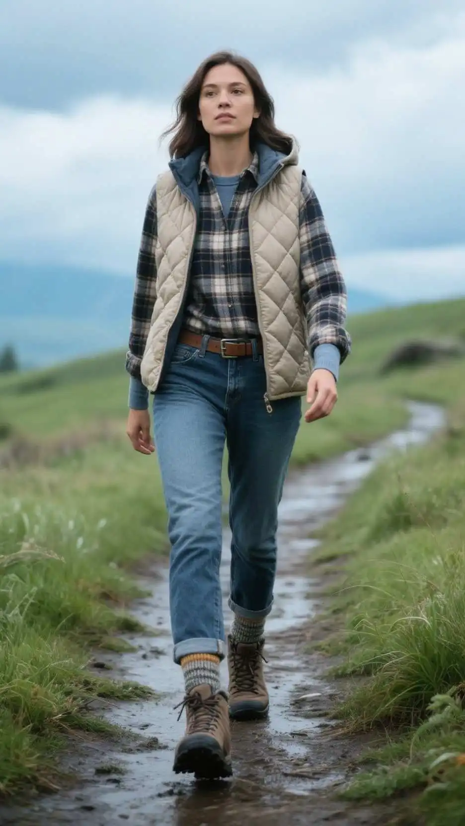 Quilted Hood + Puffer Vest + Plaid Flannel Shirt + Thermal Long-Sleeve + Relaxed Tapered Jeans + Webbed Belt + Marled Socks + Hiker-Style Boots
