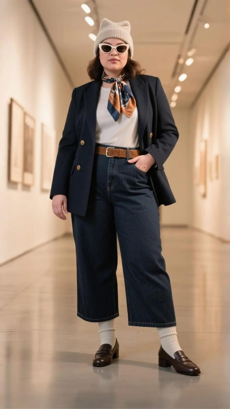 Cashmere Beanie + Cat-Eye Sunglasses + Double-Breasted Blazer + Silk Scarf + Dark-Wash Wide-Leg Jeans + Suede Belt + Ribbed Socks + Block-Heel Loafers