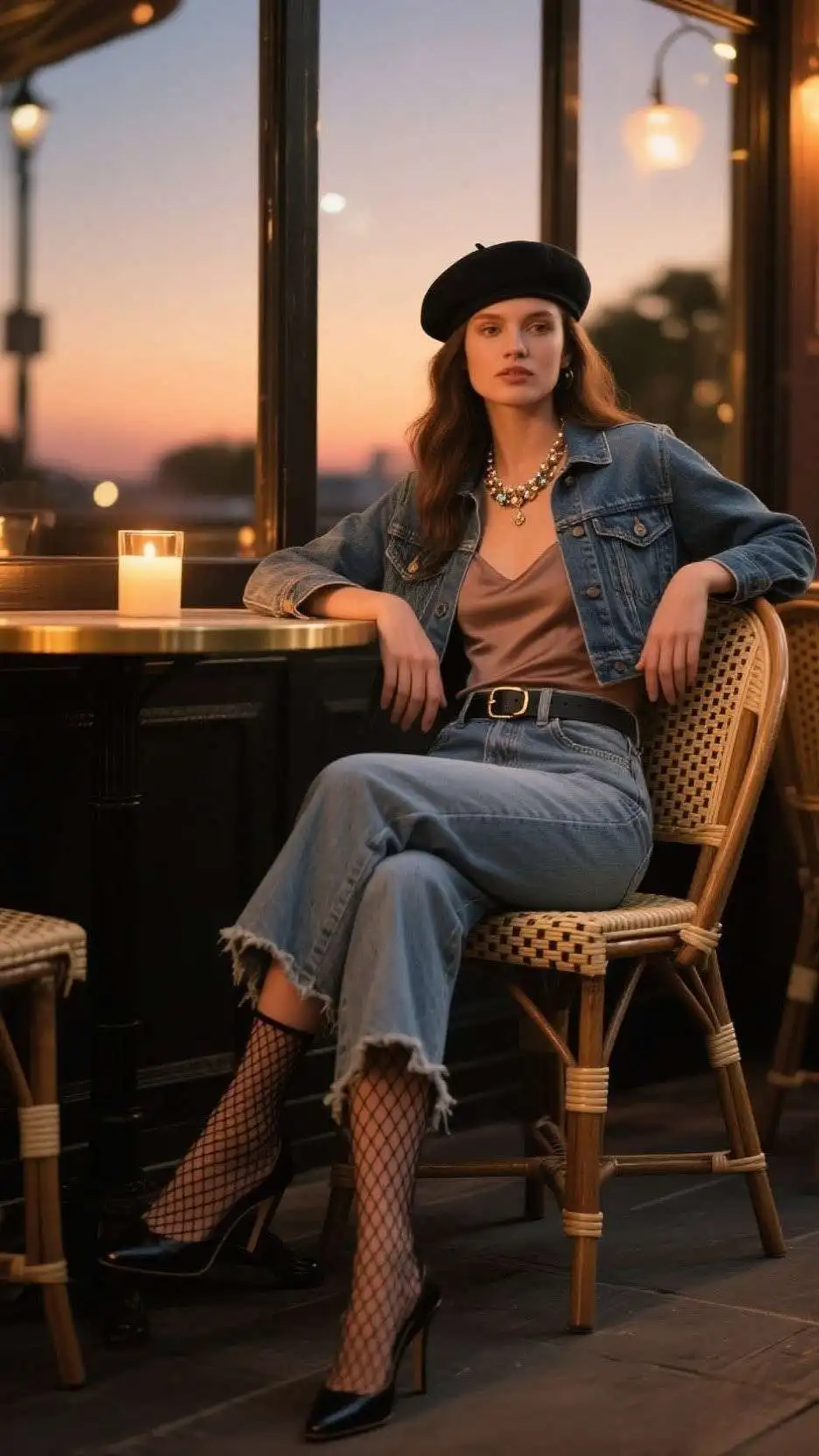 Beret + Statement Necklace + Cropped Denim Jacket + Slip Dress Layer + Raw-Hem Straight Jeans + Skinny Belt + Fishnet Socks + Slingback Pumps