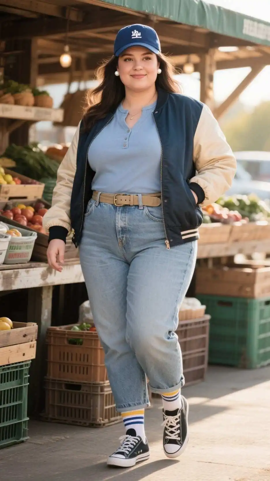 Baseball Cap + Pearl Studs + Bomber Jacket + Henley Top + Light-Wash Mom Jeans + Canvas Belt + Ankle Socks + Retro Sneakers