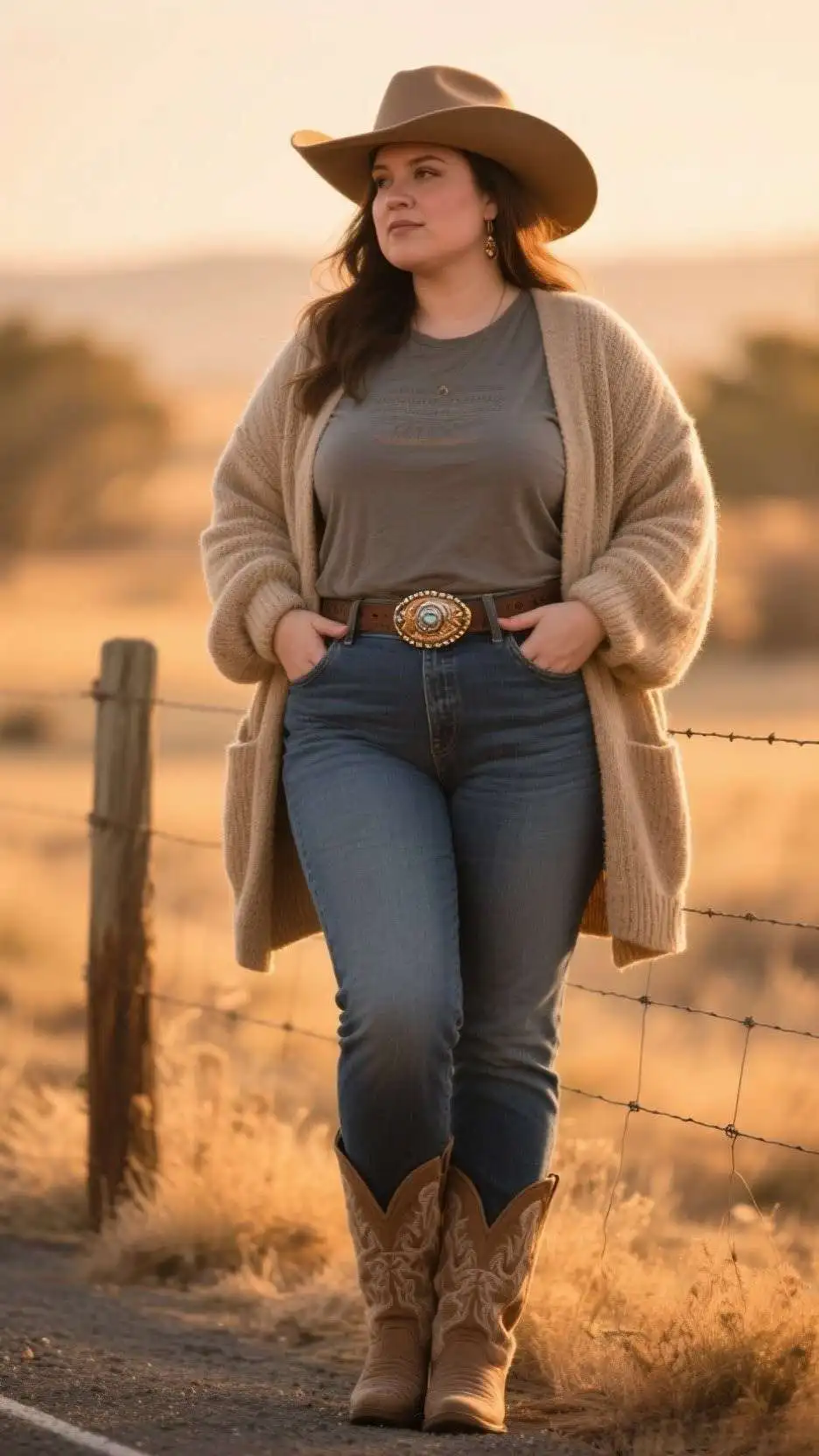 Wide-Brim Hat + Oversized Cardigan + Boxy Tee + Mid-Rise Bootcut Jeans + Concho Belt + Cozy Socks + Western Ankle Boots