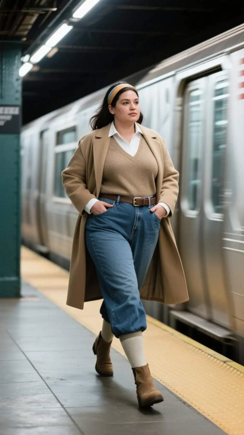Headband + Longline Coat + V-Neck Sweater + Popped Shirt Collar + Balloon Jeans + Fabric Belt + Cashmere Socks + Chelsea Boots
