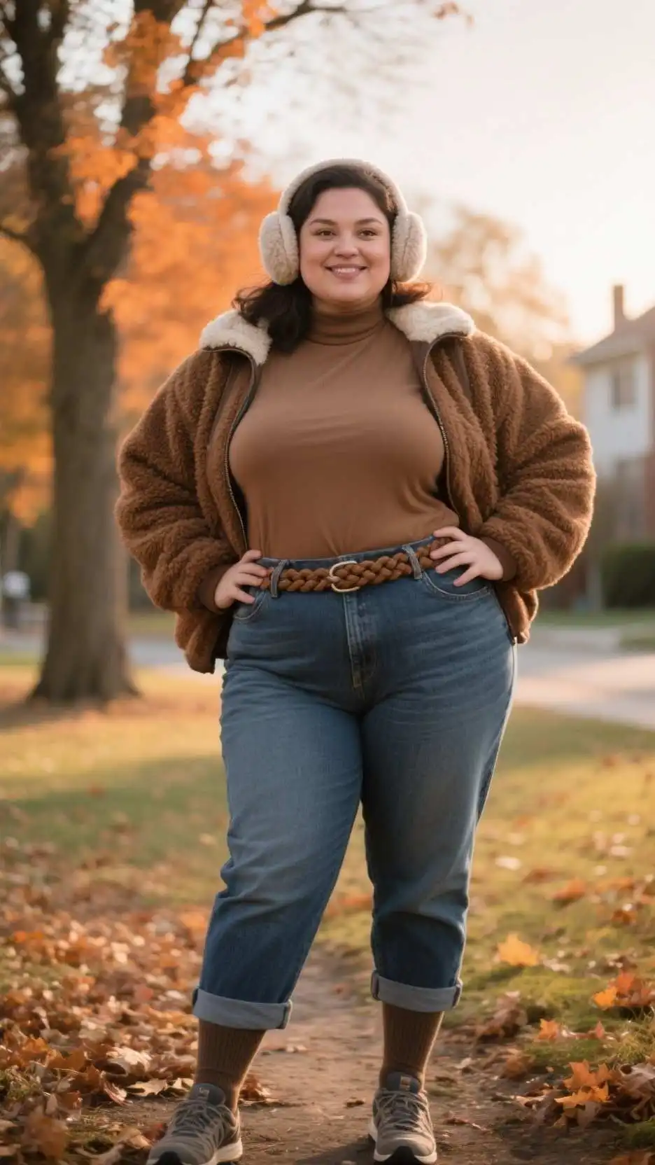 Ear Warmer + Sherpa Jacket + Mock-Neck Top + Paperbag-Waist Jeans + Braided Belt + Outdoor Socks + Trail Runners