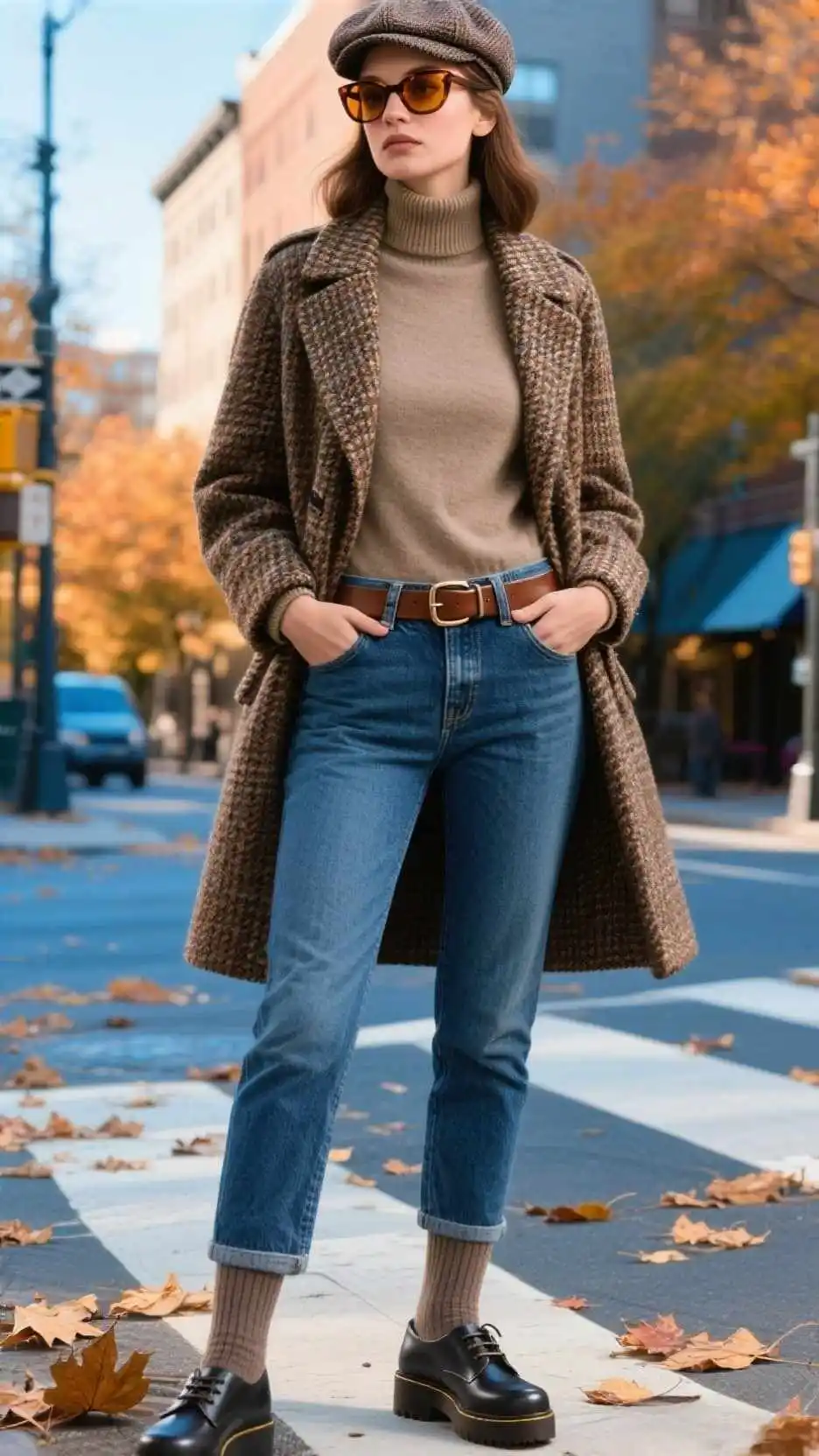 Baker Boy Cap + Tortoiseshell Sunglasses + Tweed Peacoat + Fine-Gauge Turtleneck + High-Rise Barrel Jeans + Double-Prong Leather Belt + Thermal Crew Socks + Platform Derby Shoes
