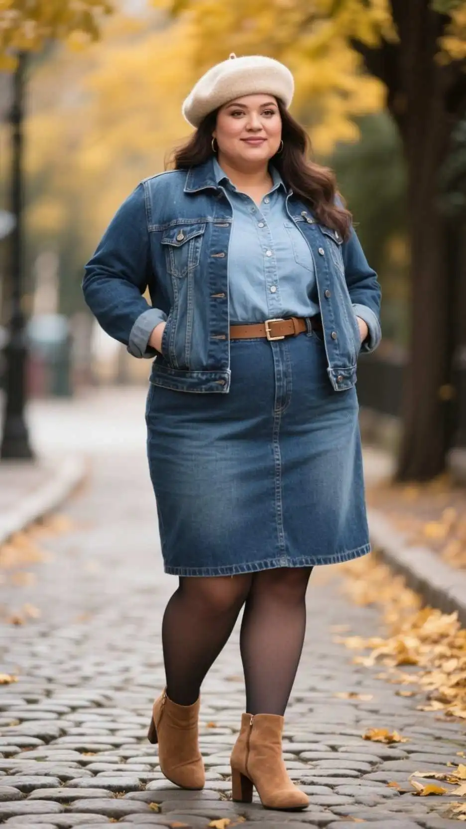 Wool Beret + Cropped Denim Trucker Jacket + Chambray Button-Down + Belted Denim Midi Skirt + Sheer Tights + Suede Block-Heel Ankle Boots