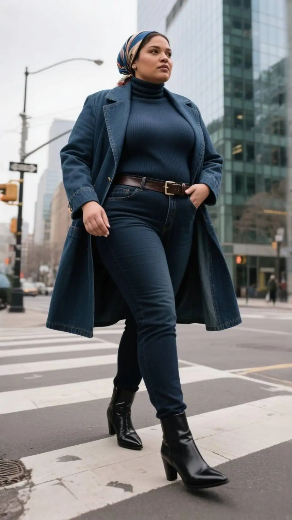 Silk Headscarf + Longline Denim Blazer + Ribbed Turtleneck + Straight-Leg Dark-Wash Jeans + Leather Belt + Pointed-Toe Chelsea Boots