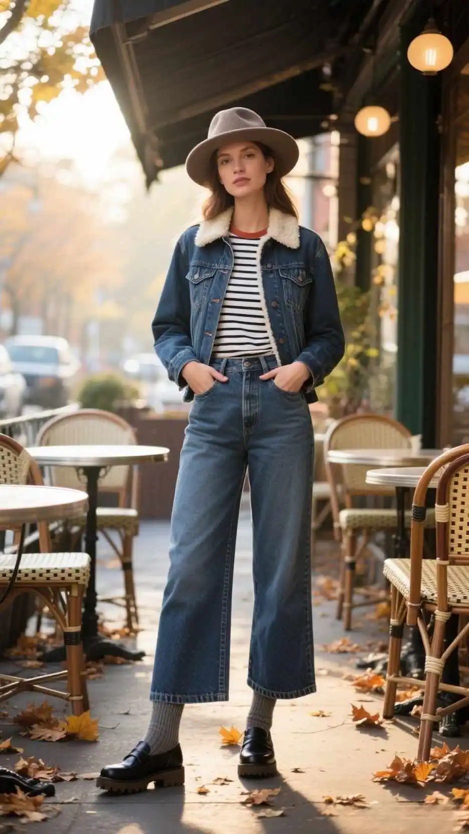 Felt Fedora + Shearling-Collar Denim Jacket + Breton Tee + High-Rise Wide-Leg Jeans + Wool Socks + Lug-Sole Loafers