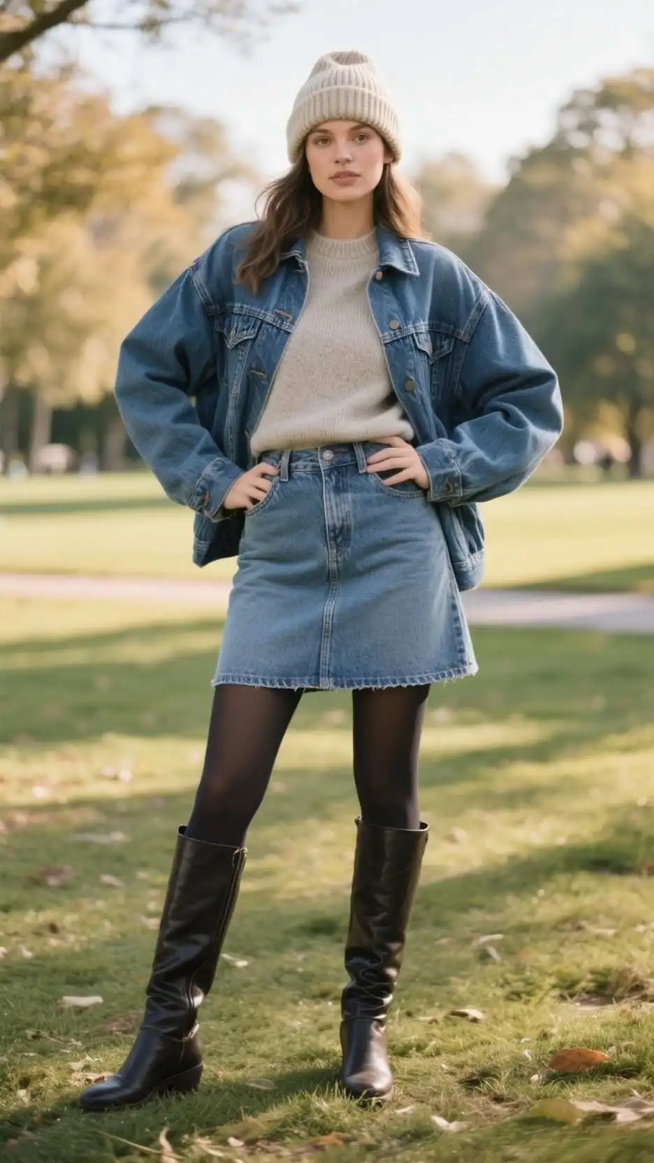 Knit Beanie + Oversized Denim Shacket + Cashmere Crewneck + A-Line Denim Mini Skirt + Opaque Tights + Knee-High Riding Boots
