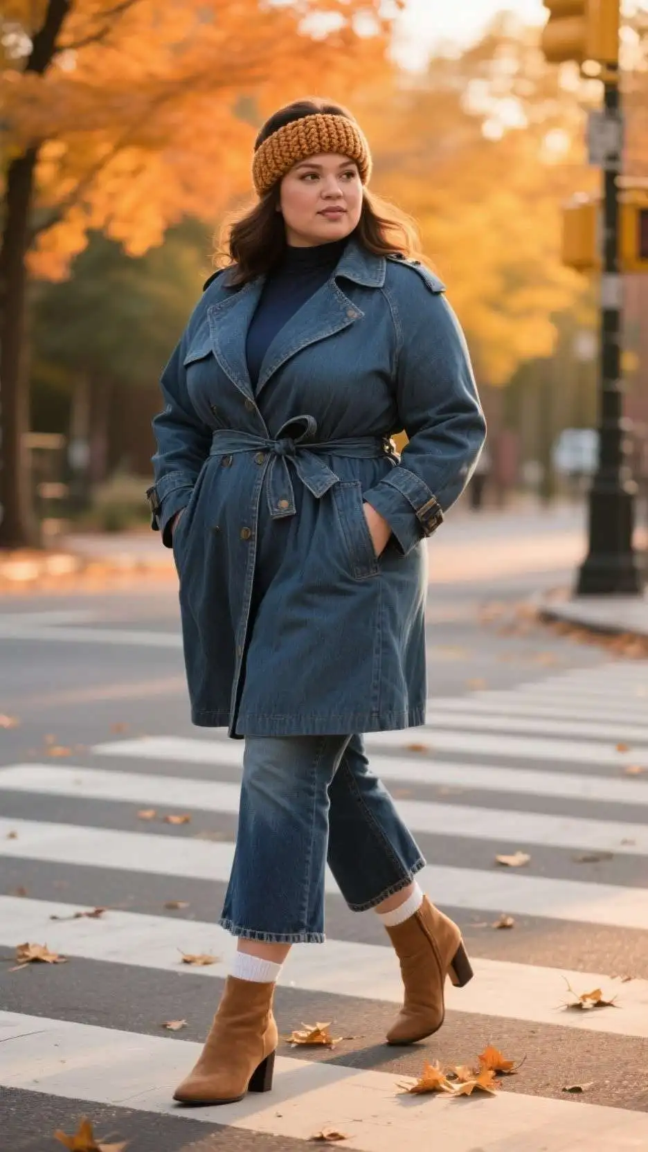 Cable-Knit Headband + Belted Denim Trench Coat + Mock-Neck Top + Cropped Flare Jeans + Ankle Socks + Square-Toe Heeled Boots