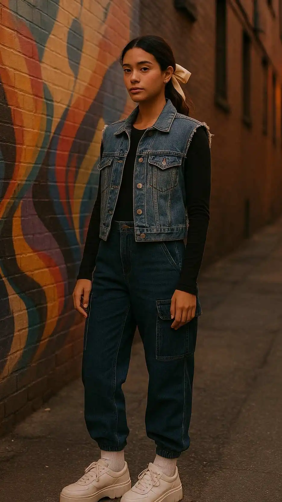 Satin Ribbon + Distressed Denim Vest + Long-Sleeve Bodysuit + Denim Cargo Trousers + Crew Socks + Platform Sneakers