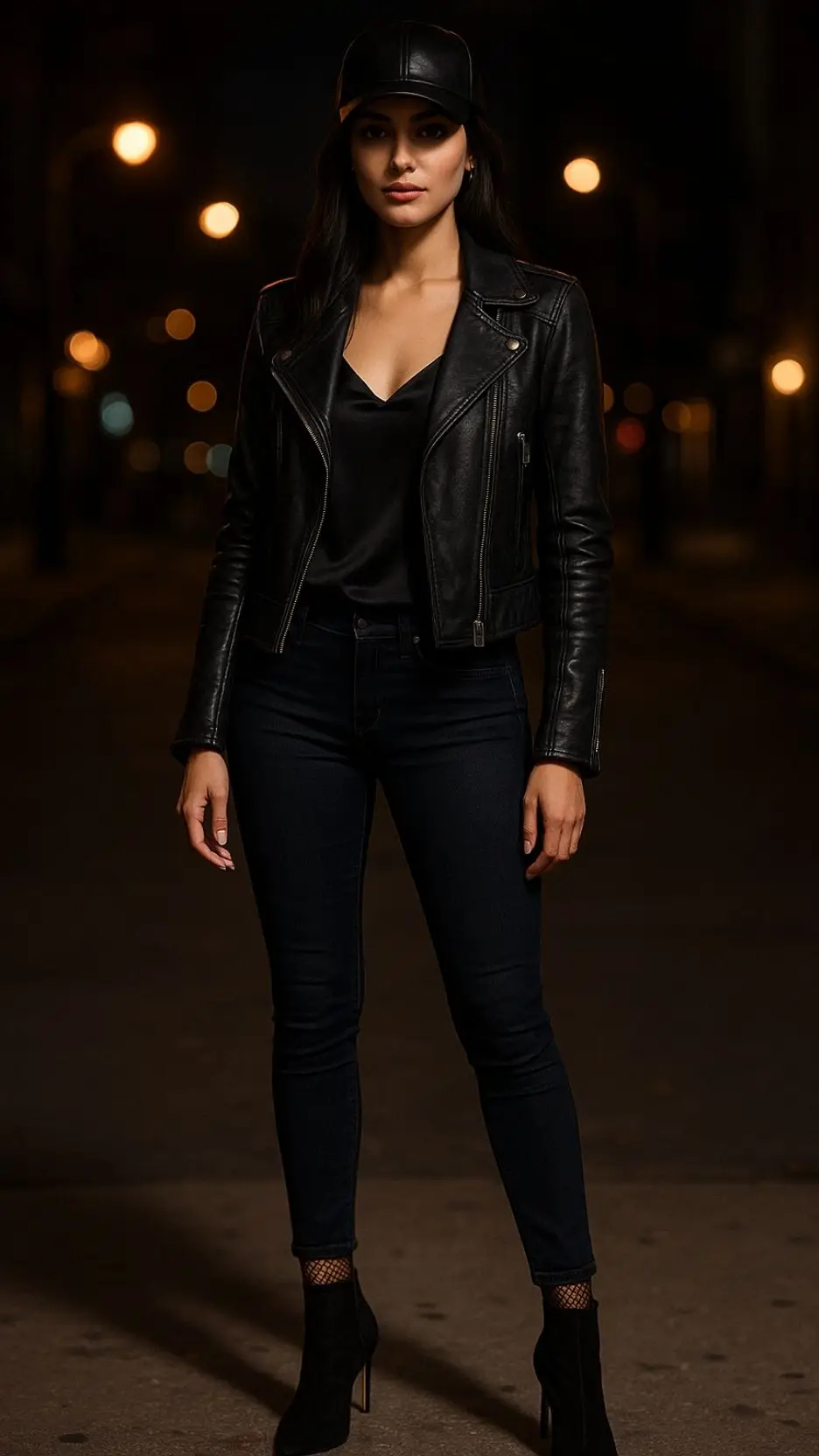 Leather Baseball Cap + Black Denim Moto Jacket + Silk Camisole + Slim Midnight-Wash Jeans + Fishnet Socks + Stiletto Ankle Boots
