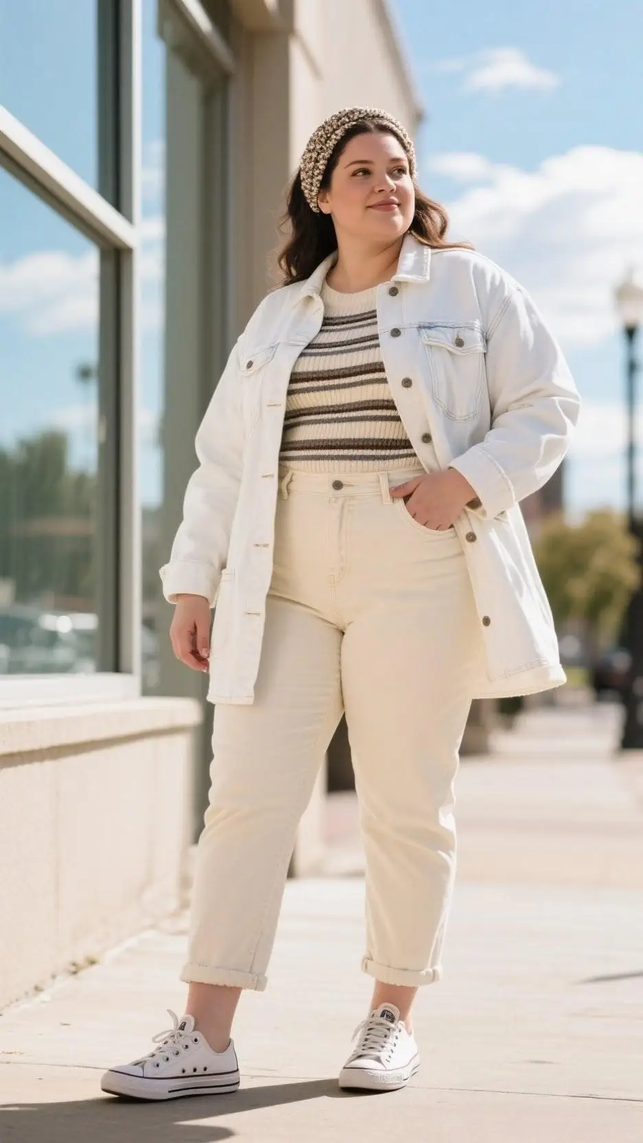 Tweed Headband + White Denim Chore Coat + Striped Knit + Ecru Straight Jeans + Cuffed Hem + Minimalist Court Sneakers
