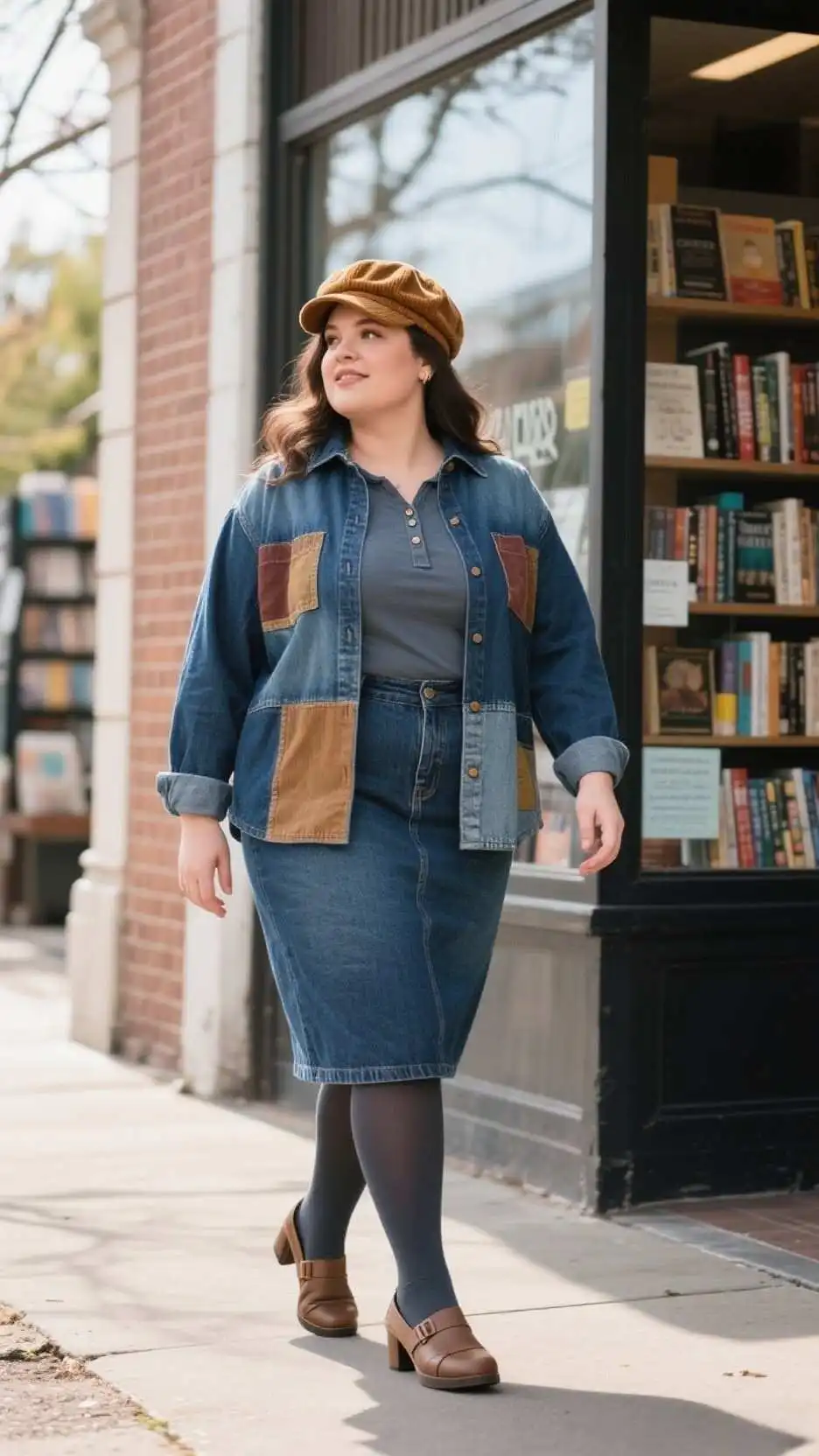 Corduroy Cap + Patchwork Denim Overshirt + Henley Top + Button-Front Denim Pencil Skirt + Thermal Tights + Heeled Clogs