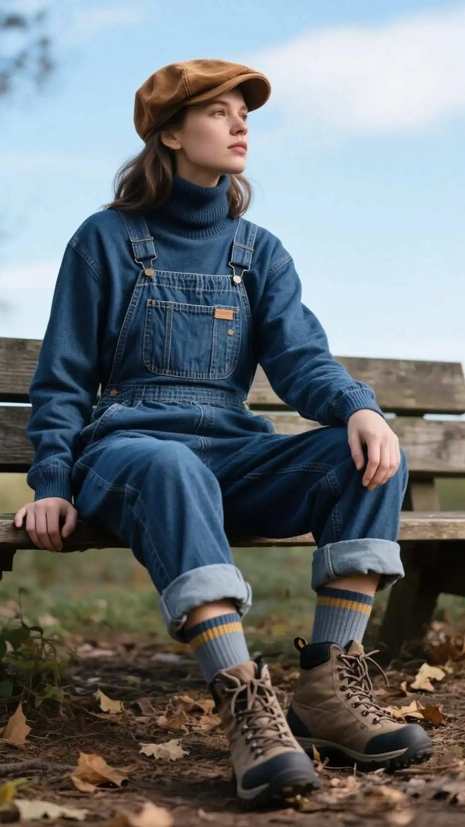 Suede Newsboy Cap + Indigo Denim Trucker + Chambray Overalls + Merino Turtleneck + Boot Socks + Hiker-Style Lace-Up Boots