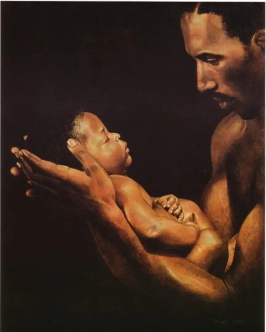 A painting of a Black man holding his baby in his forearms. The background is black.