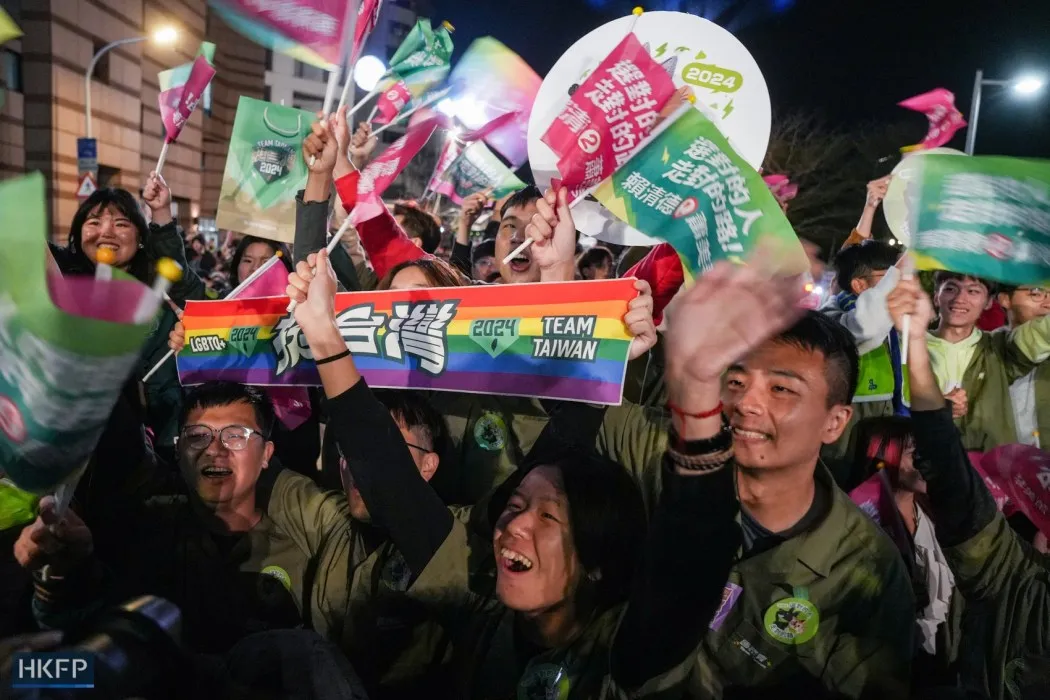 Supporters of the Democratic Progressive Party at a rally ahead of the final results of the 2024 presidential election in Taipei, Taiwan, on January 13, 2024. Photo: Kyle Lam/HKFP.