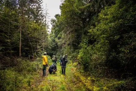 A man kneels on a woodland path to take a photograph of a toadstool, while two colleagues stand beside him.