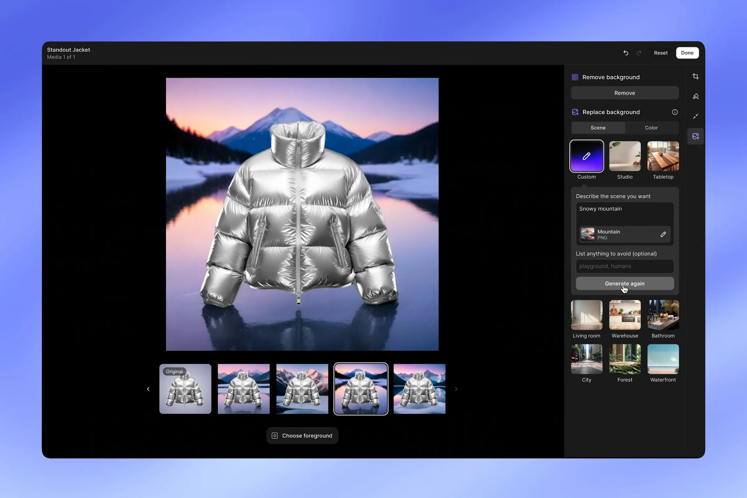 Screenshot of Shopify’s image editor generating new backgrounds for a shiny winter jacket based on a text prompt.