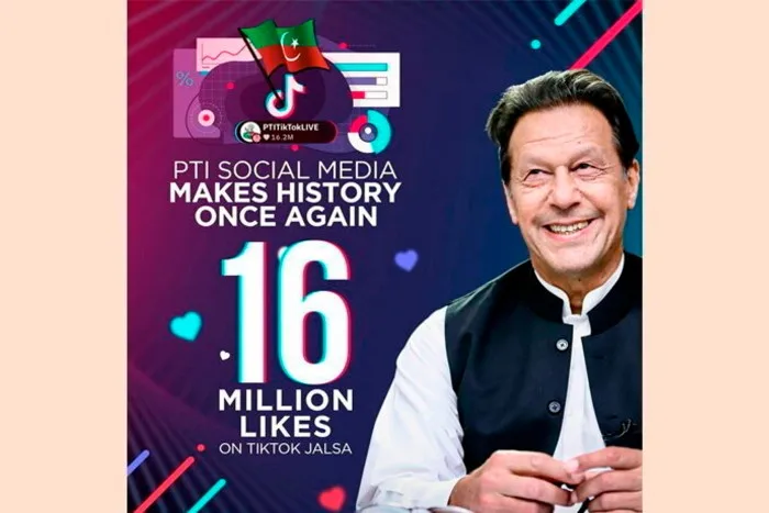 A WhatsApp image with text claiming that the PTI has made history with 16mn TikTok likes