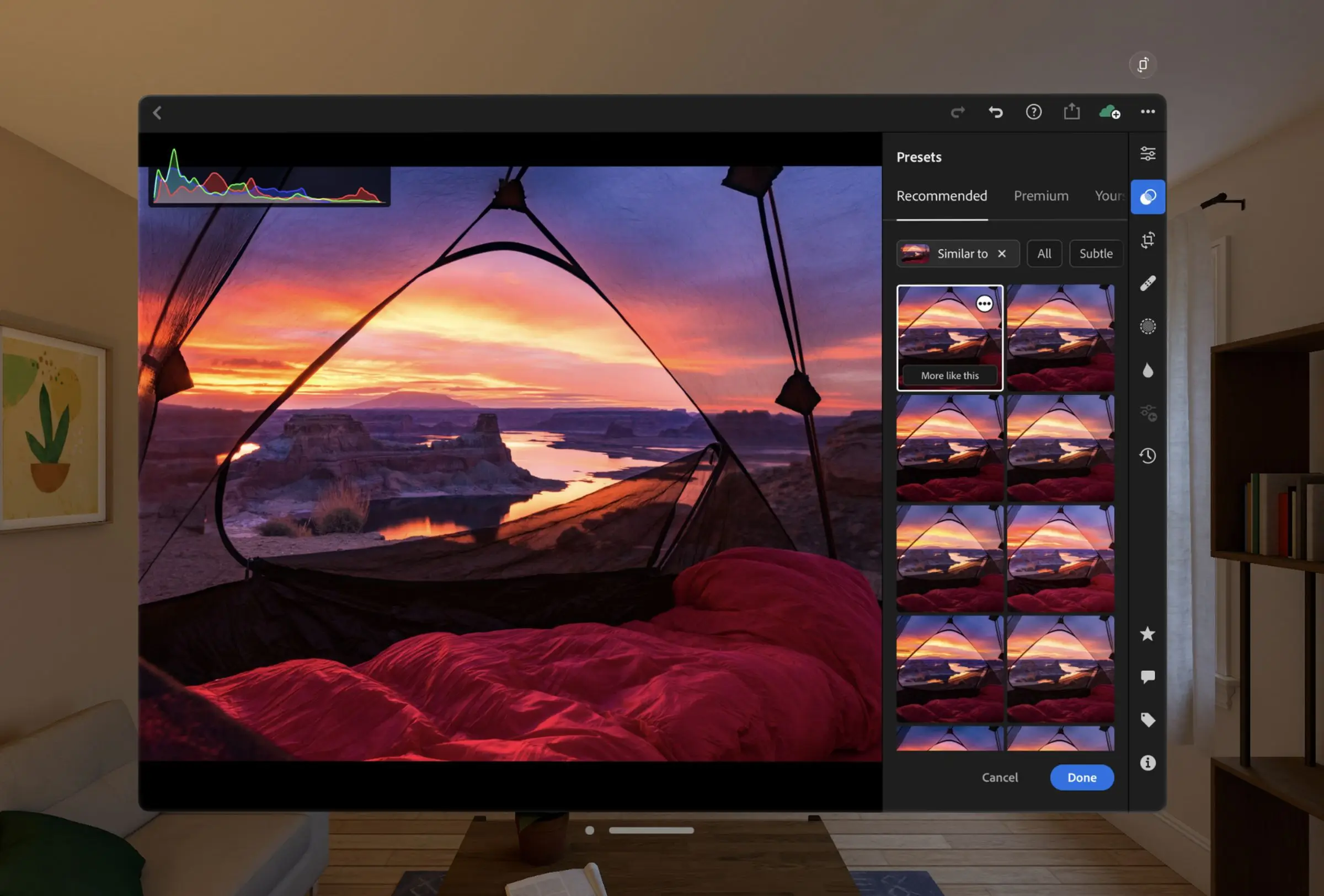 A screengrab taken of Adobe Lightroom running on the Apple Vision Pro.