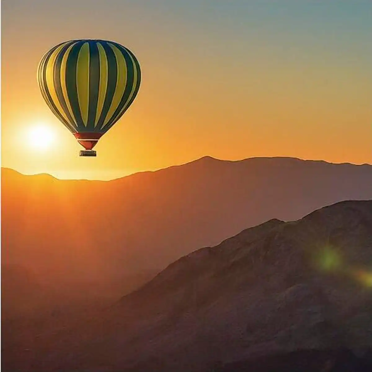Bard-generated image of a hot air balloon flying over mountains at sunset