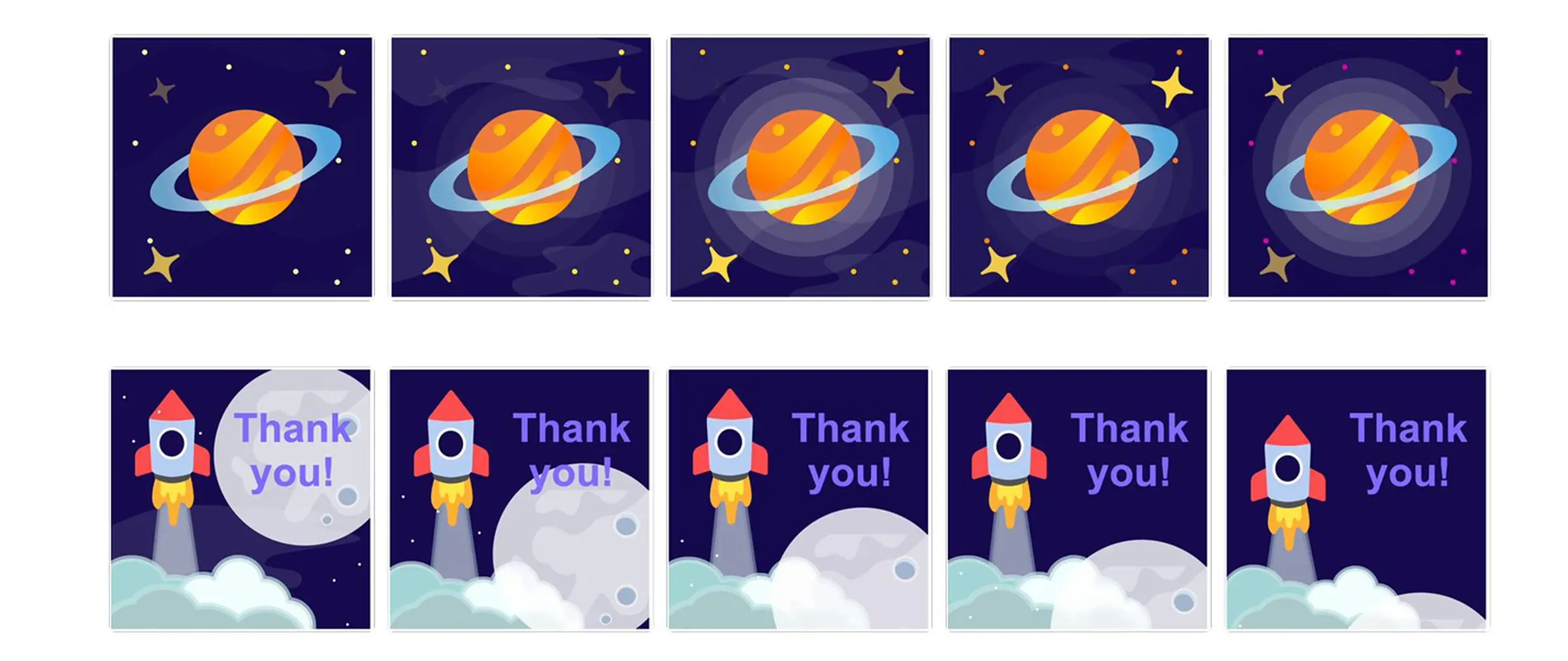 Animation frames produced by Apples Keyframer prototype, showing a simple illustration of Saturn and a rocket.