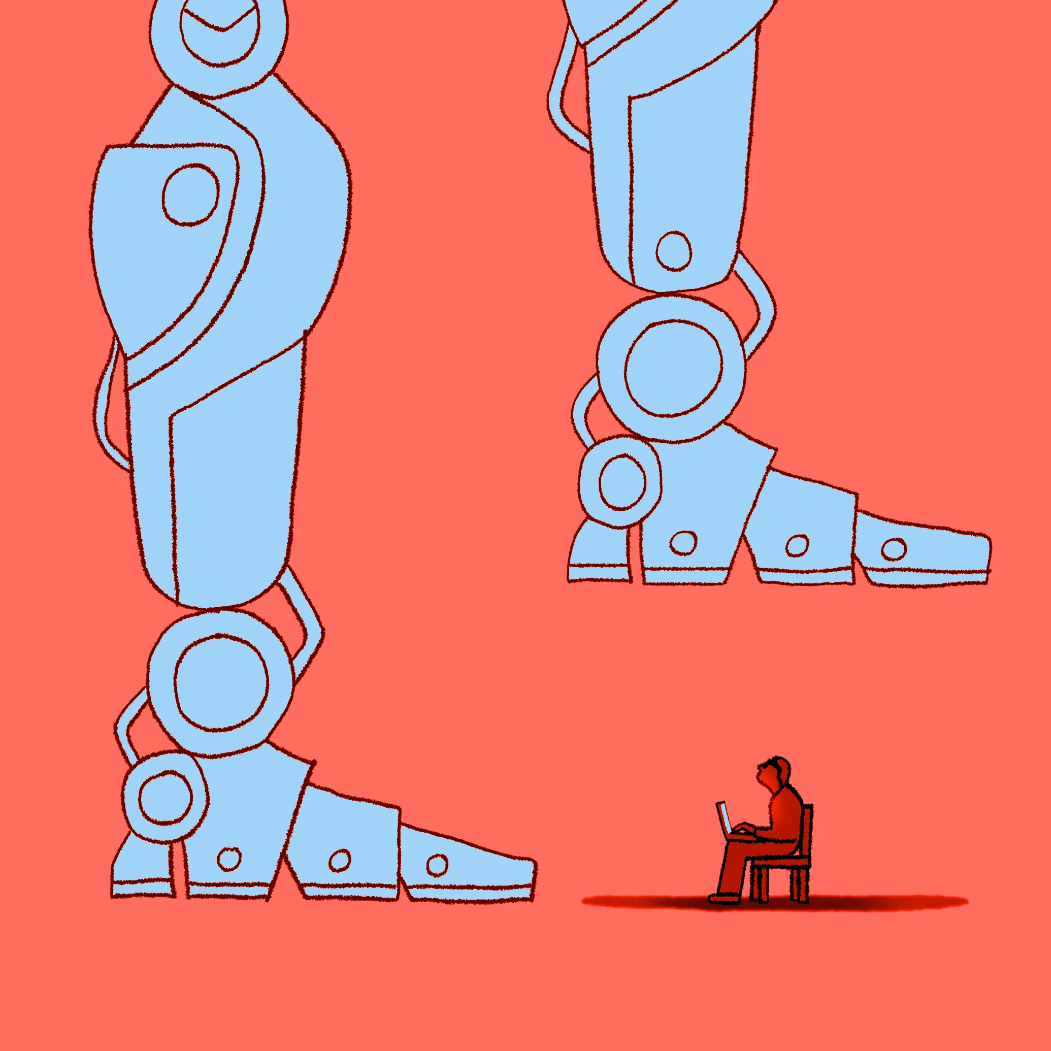 A large robotic foot hovers above a figure.