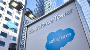 The entrance sign of Salesforce Tower, at the American cloud-based software company Salesforce’s (CRM stock) Headquarters campus in San Francisco, California.