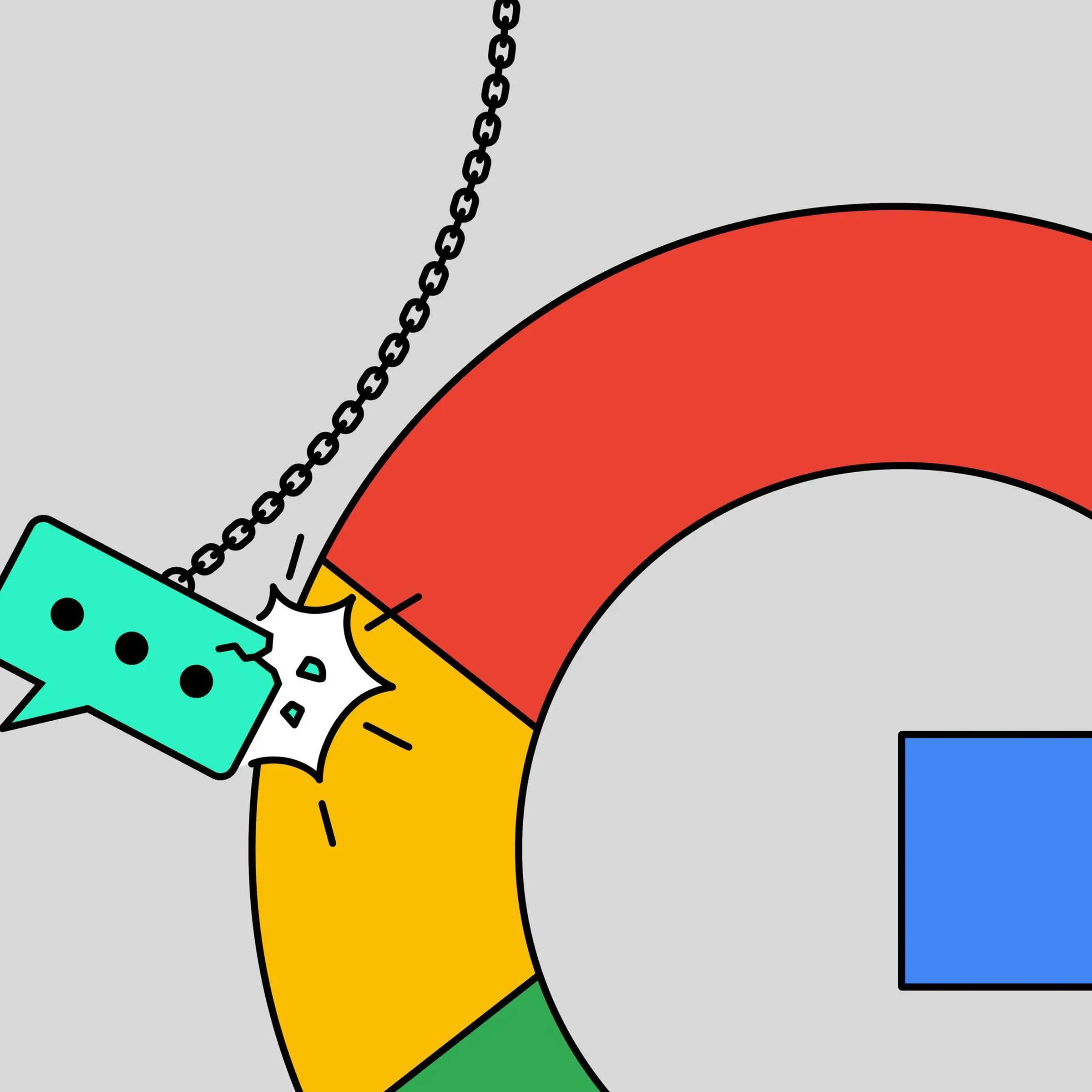 An illustration of a chatbot swinging into a Google logo.