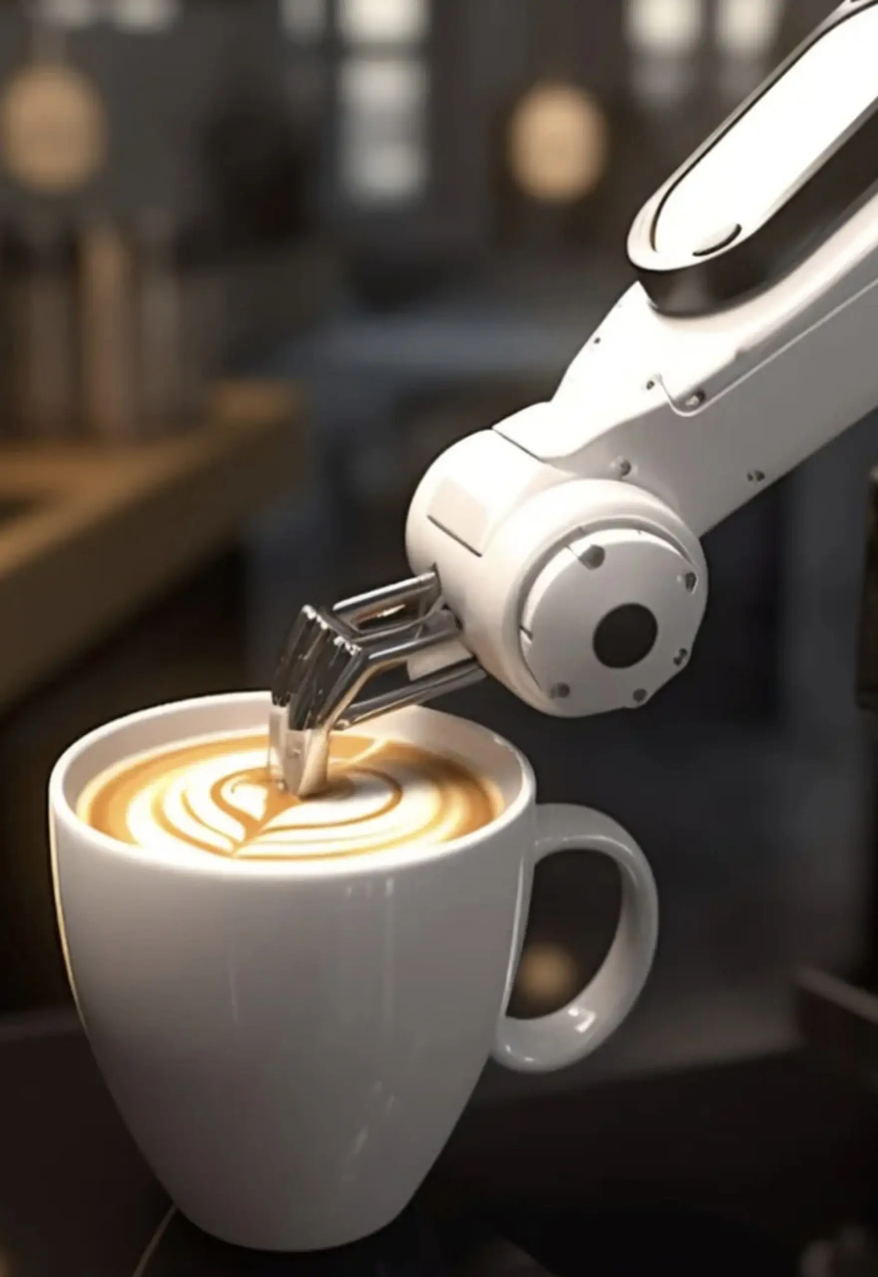 A picture of a robotic arm dipping its tip into a latte.