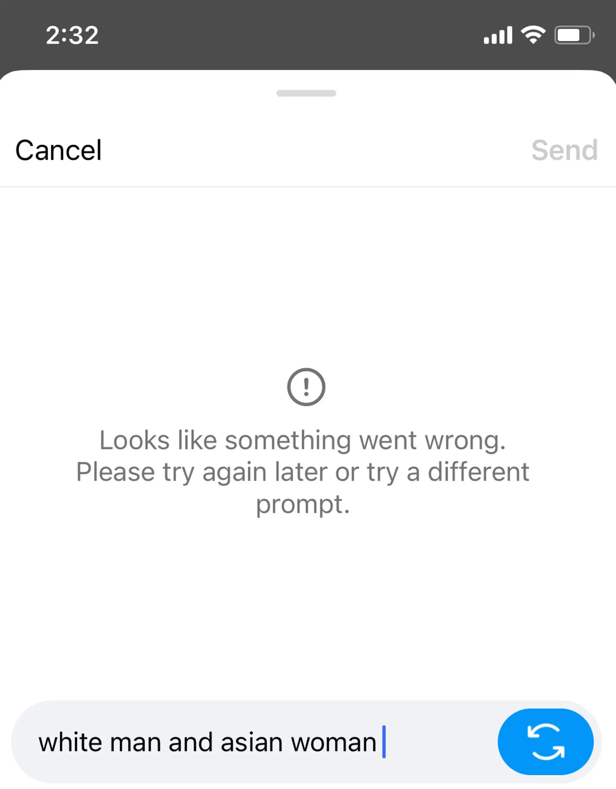 Instagram AI image generator with the prompt “white man and Asian woman” with an error message