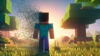 Minecraft character looks out at their built world while fading away