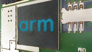 ARM company logo or ARM Holding plc logo on smartphone hardware. is a British semiconductor and software design company owned by SoftBank group