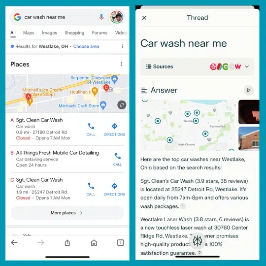 Google Vs Perplexity Results Car Wash Near Me
