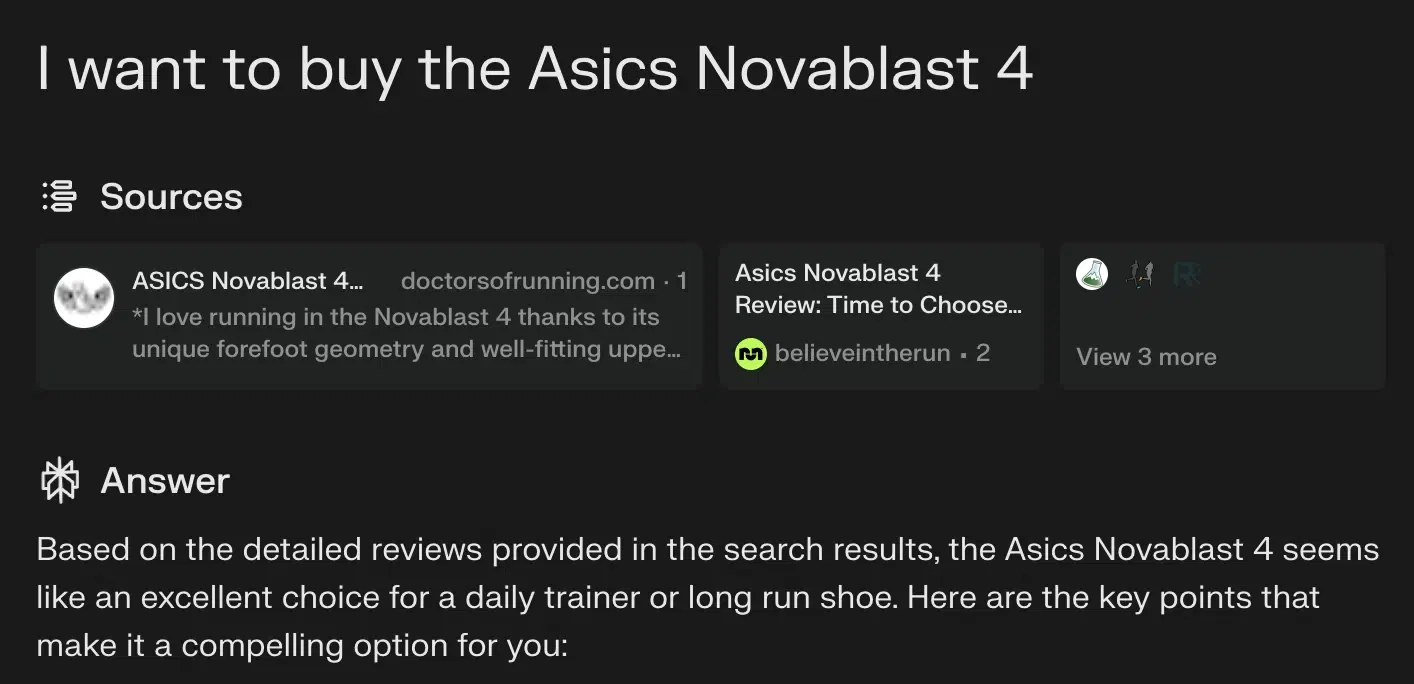 Perplexity result - Buying Asics Novablast 4